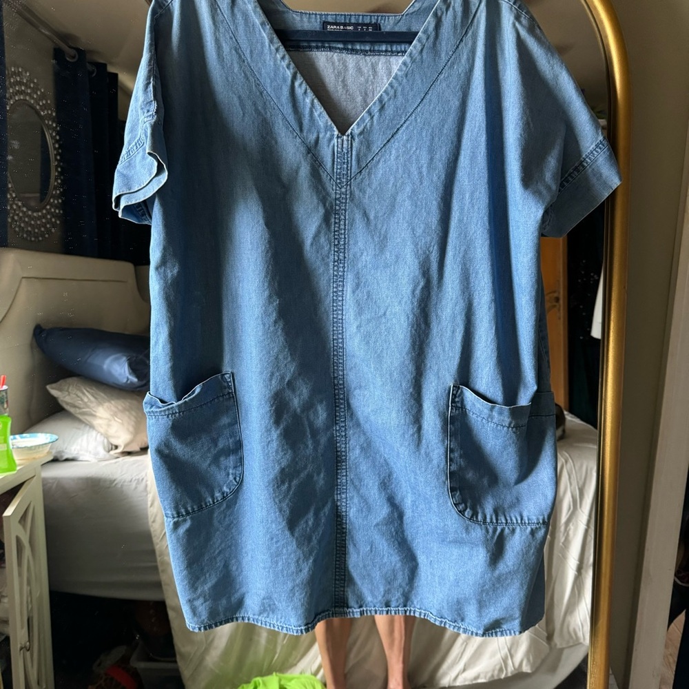 Zara Light Blue V-Neck Denim Tunic Dress